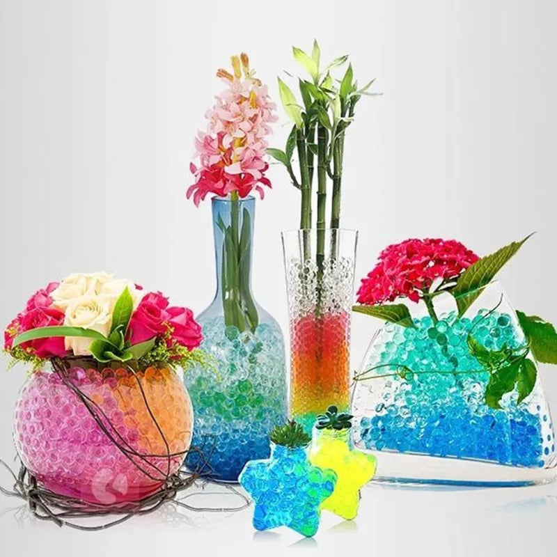 Vase med blomster med orbeez, gel kugler, gel perler, vand kugler i forskellige farver